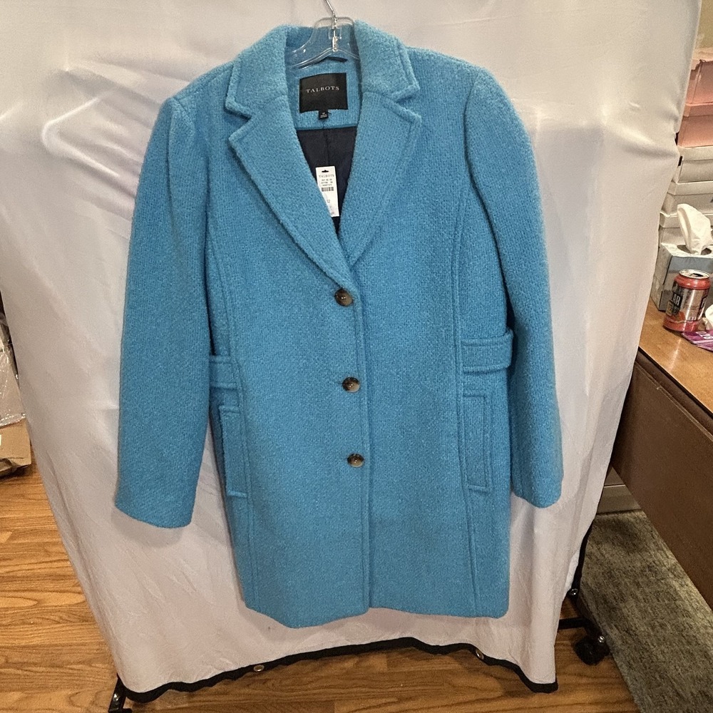 Talbots Coat Womens 12 Blue Wool Blend Single Breasted Mid Length Pockets Lined